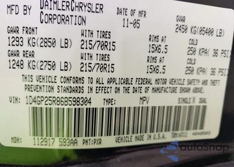 2006 Dodge Caravan Se из США, поврежденный, VIN 1D4GP25R86B598304